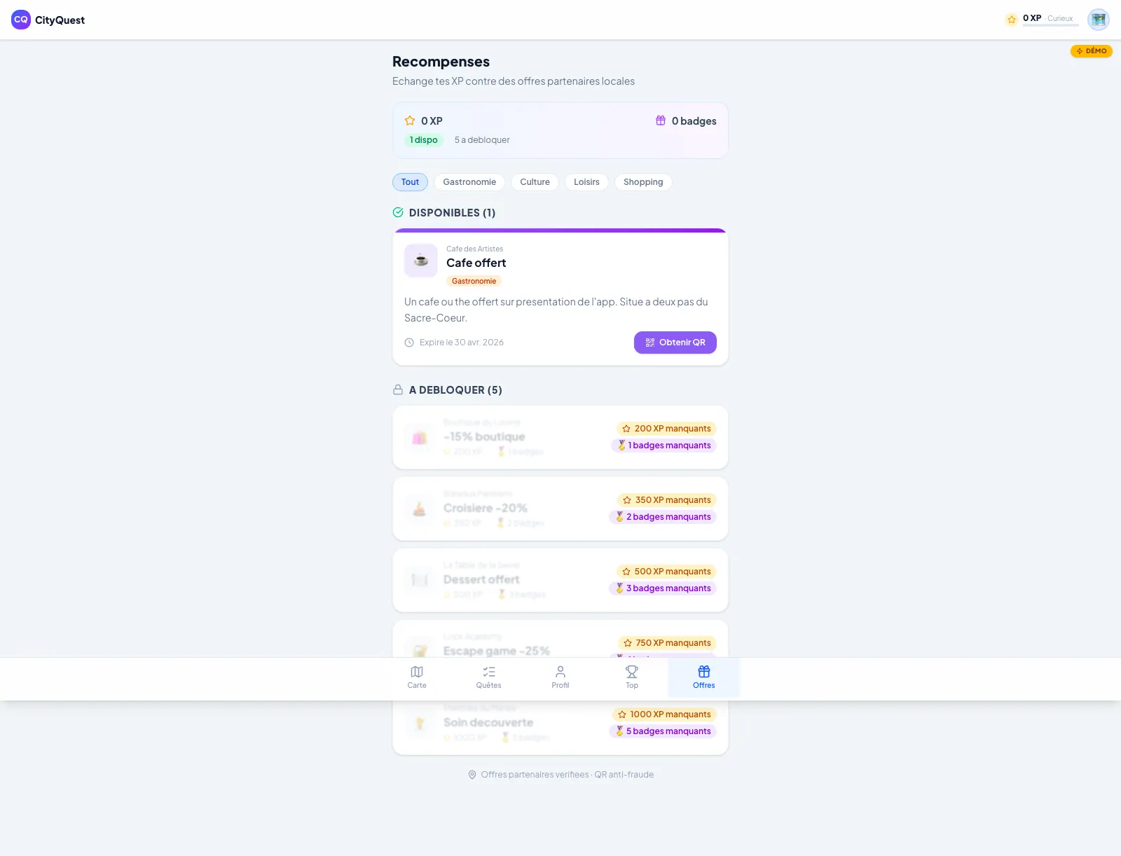 La page des récompenses chez les commerçants partenaires