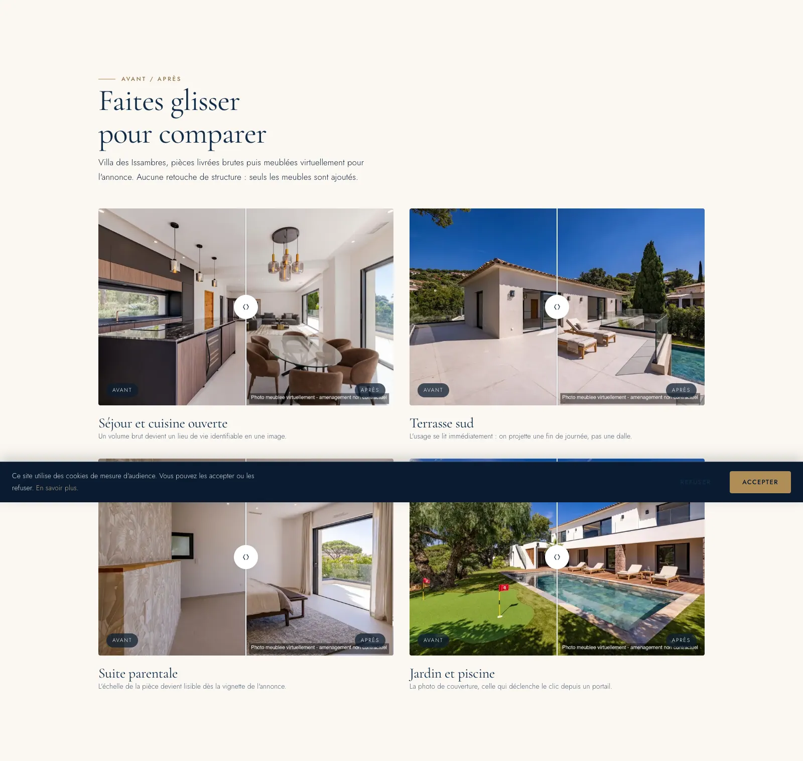 La section avant / après de la page projets, avec ses comparateurs