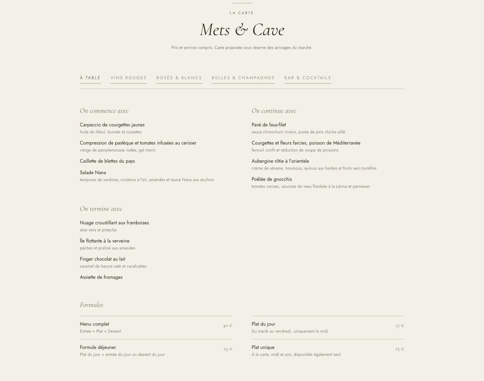 Page carte : onglets par catégorie, liste des plats en deux colonnes et formules avec leurs prix